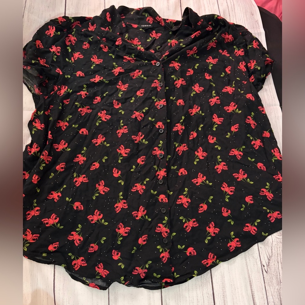 Torrid Black Button Down Shirt with Red Floral Print